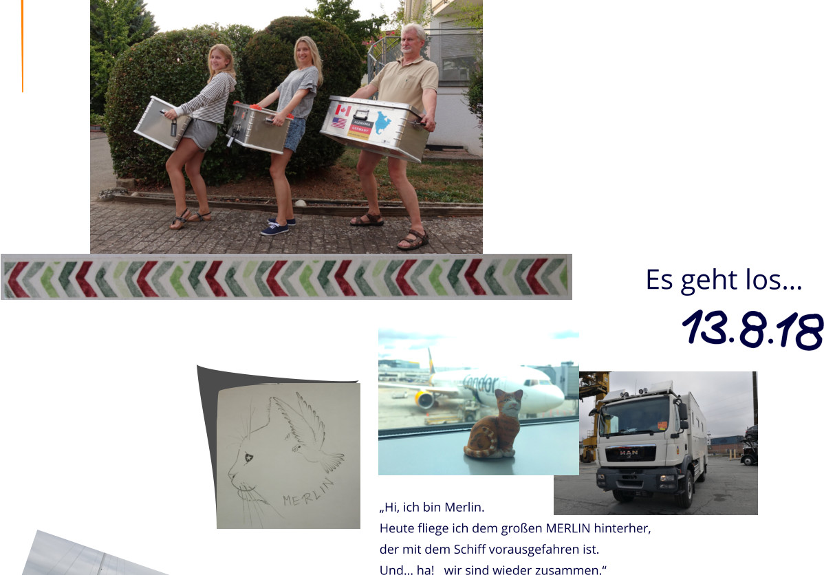 Es geht los… „Hi, ich bin Merlin.  Heute fliege ich dem großen MERLIN hinterher, der mit dem Schiff vorausgefahren ist.  Und… ha!   wir sind wieder zusammen.“
