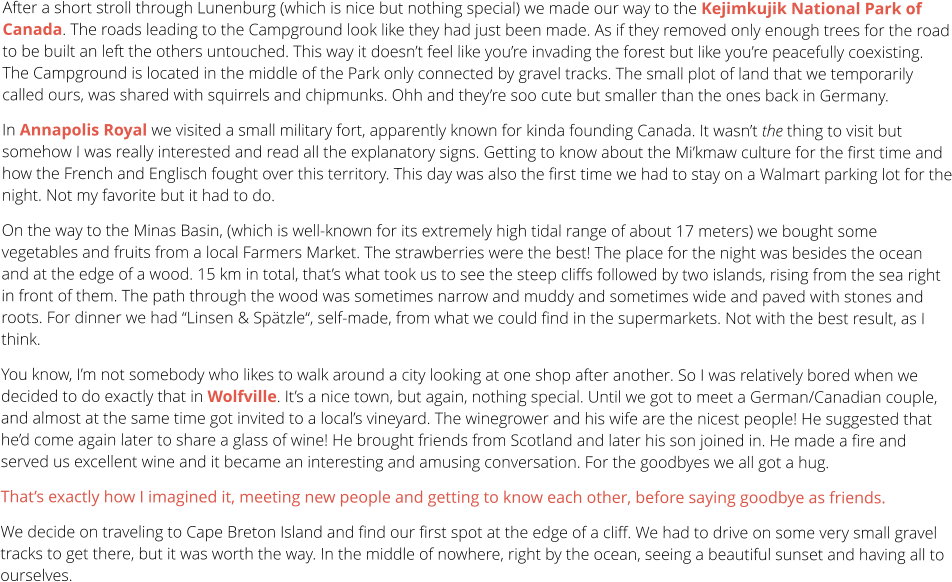 After a short stroll through Lunenburg (which is nice but nothing special) we made our way to the Kejimkujik National Park of Canada. The roads leading to the Campground look like they had just been made. As if they removed only enough trees for the road to be built an left the others untouched. This way it doesn’t feel like you’re invading the forest but like you’re peacefully coexisting. The Campground is located in the middle of the Park only connected by gravel tracks. The small plot of land that we temporarily called ours, was shared with squirrels and chipmunks. Ohh and they’re soo cute but smaller than the ones back in Germany.  In Annapolis Royal we visited a small military fort, apparently known for kinda founding Canada. It wasn’t the thing to visit but somehow I was really interested and read all the explanatory signs. Getting to know about the Mi’kmaw culture for the first time and how the French and Englisch fought over this territory. This day was also the first time we had to stay on a Walmart parking lot for the night. Not my favorite but it had to do.  On the way to the Minas Basin, (which is well-known for its extremely high tidal range of about 17 meters) we bought some vegetables and fruits from a local Farmers Market. The strawberries were the best! The place for the night was besides the ocean and at the edge of a wood. 15 km in total, that’s what took us to see the steep cliffs followed by two islands, rising from the sea right in front of them. The path through the wood was sometimes narrow and muddy and sometimes wide and paved with stones and roots. For dinner we had “Linsen & Spätzle“, self-made, from what we could find in the supermarkets. Not with the best result, as I think. You know, I’m not somebody who likes to walk around a city looking at one shop after another. So I was relatively bored when we decided to do exactly that in Wolfville. It’s a nice town, but again, nothing special. Until we got to meet a German/Canadian couple, and almost at the same time got invited to a local’s vineyard. The winegrower and his wife are the nicest people! He suggested that he’d come again later to share a glass of wine! He brought friends from Scotland and later his son joined in. He made a fire and served us excellent wine and it became an interesting and amusing conversation. For the goodbyes we all got a hug. That’s exactly how I imagined it, meeting new people and getting to know each other, before saying goodbye as friends.  We decide on traveling to Cape Breton Island and find our first spot at the edge of a cliff. We had to drive on some very small gravel tracks to get there, but it was worth the way. In the middle of nowhere, right by the ocean, seeing a beautiful sunset and having all to ourselves.