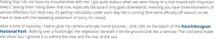 Noting that I do not have my mountainbike with me, I got quite jealous when we were hiking on a trail shared with mountain-bikers. Seeing them riding down that trail, especially because it only goes downwards, meaning you have three kilometers of almost effortless fun! Note two, it’s getting noticeably colder each day, fall is coming! And we’re officially off-season, so we have to deal with the repeating statement of Sorry, it’s closed. After a time of inactivity, I had to grab my camera and take some pictures… and I did, on the beach of the Kouchibouguac National Park. Walking over a footbridge, the vegetation beneath it let the ground look like a rainbow. The cold wind made me shiver but I ignored it to admire the view and the roar of the sea.